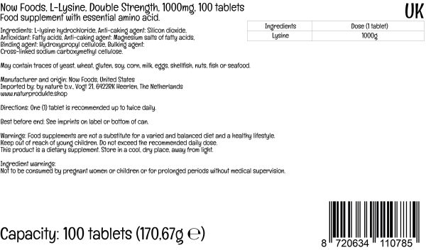 Now Foods, L-Lisina, Doble Fuerza, 1.000mg, 100 Tabletas veganas, Probadas en Laboratorio, Aminoácido, Sin Gluten, Sin Soya, Vegetariano Embalaje Deteriorado Hot on Sale