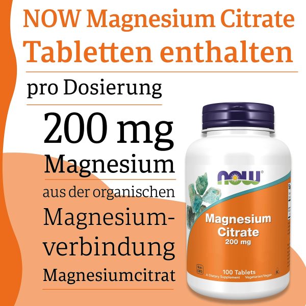 Now Foods, Magnesium Citrate, 200mg Magnesio, 100 Tabletas veganas, Probado en Laboratorio, Vegetariano, Sin Gluten, Sin Soja, No GMO Embalaje Deteriorado Cheap